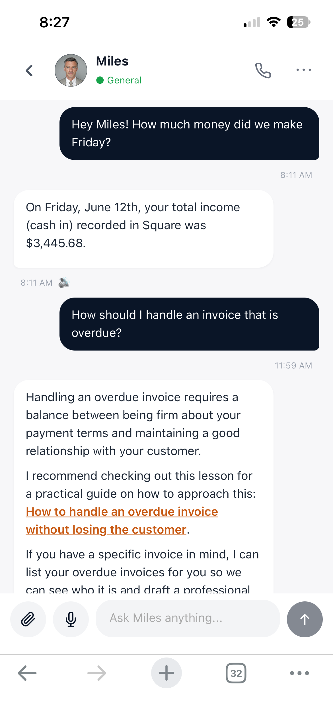 Miles chat in the Bizer app